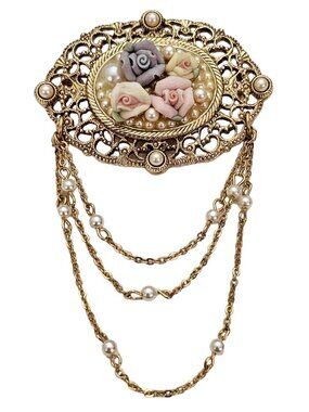 1928 Brand Porcelain Rose Victorian Style Chatelaine Chain Filigree Brooch, L409